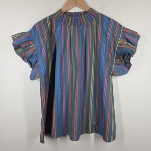Sunshine Tienda Puerto Stripe Flutter Top Dark Teal Cotton One Size Boxy Smocked